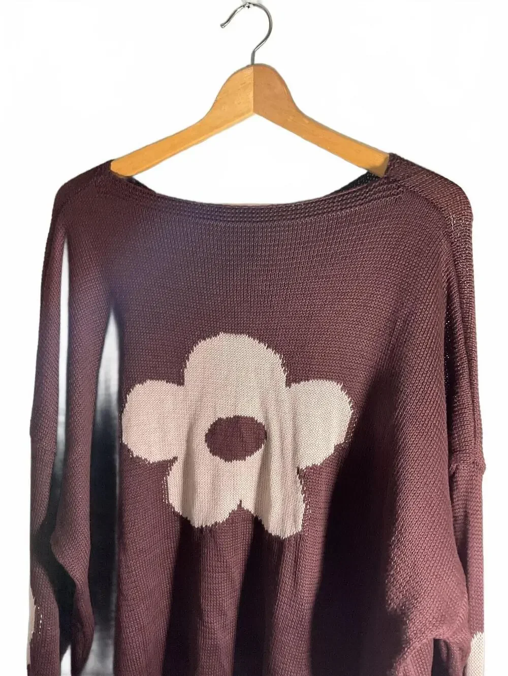 Lightweight Brown Open Knit Sweater with Tan Flower Design 3X Oversized